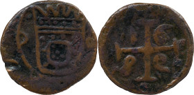 Portuguese India 
 D. Pedro II (1683-1706) 
 Bazaruco 1686 AE Diu inverted date 
 A: D Shield O 
 R: Cross 1686 
 AG: 02.02 - 4.96g, Very Fine