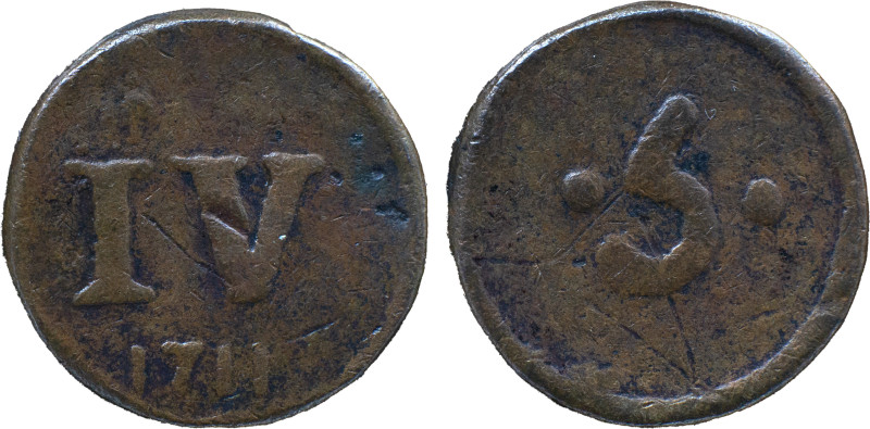 Portuguese India 
 D. João V (1706-1750) 
 5 Reis 1711 Diu, AE 
 A: I V 
 R: . 5...