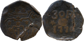 Portuguese India
D. José I (1750-1777)
 30 Reis 1770 AE Goa 
 A: Shield 
 R: 30 R *G* 1770 
 AG: 33.08 - 20.01g, Good Fine
