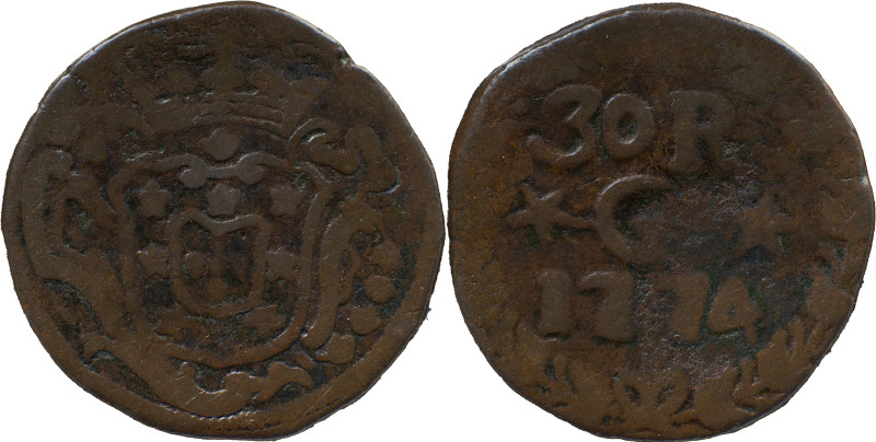Portuguese India
D. José I (1750-1777)
 30 Reis 1774 AE Goa 
 A: Shield 
 R: 30 ...