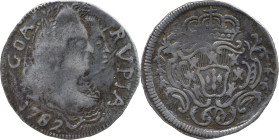 Portuguese India 
 D. Maria I and D. Pedro III (1777-1786) 
 Rupia (600 Reis) 1782 Ag Goa 
 A: GOA RVPIA 1782 
 R: Shield 
 AG: 10.01 - 10.64g, Very F...