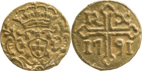 Portuguese India 
 D. Maria I (1786-1799) 
São Tomé de 12 Xerafins 1791 AU Goa 
 A: shield 
 R: Cross / 12 X /&nbsp; 1791 
 AG: 41.04 - 4.59g, Very Fi...