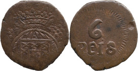 Portuguese India 
 D. João VI (1816-1826) 
 6 Reis AE Januadini 
 A: Shield 
 R: 6 REIS 
 AG: 03.01 - 3.90g, Very Fine
