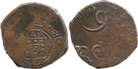 Portuguese India 
 D. João VI (1816-1826) 
 9 Reis AE Januadini 
 A: Shield 
 R: 9 REIS 
 AG: 22.01 - 5.76g, Very Fine