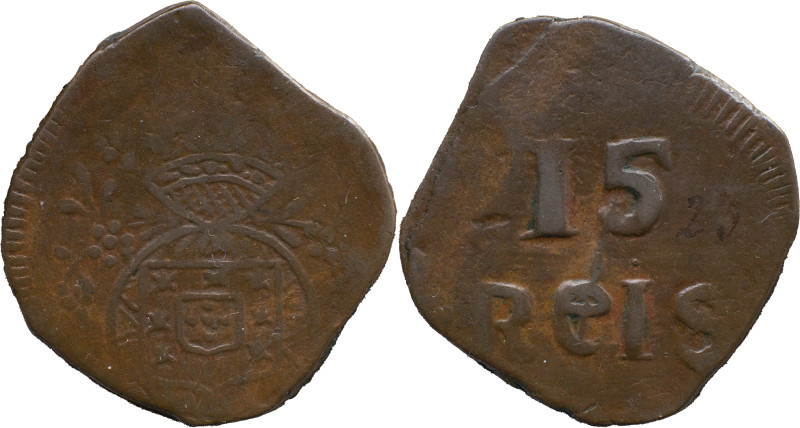 Portuguese India 
 D. João VI (1816-1826) 
 15 Reis AE Januadini 
 A: Shield 
 R...