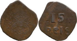 Portuguese India 
 D. João VI (1816-1826) 
 15 Reis AE Januadini 
 A: Shield 
 R: 15 REIS 
 AG: 26.01 - 9.82g, Very Fine