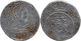 Portuguese India 
 D. João VI (1816-1826) 
 Rupia (600 Reis) 1825 Ag Goa 
 A: GOA RVPIA; / 1825 
 R: Shield 
 AG: 32.11 - 10.72g, Very Fine