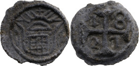 Portuguese India 
 D.Pedro IV (1826-1828) 
 5 Bazarucos 1827 Tutenaga Diu 
 A: Shield 
 R: Cross / 1827 
 AG: 01.01 - 5.20g, Very Fine