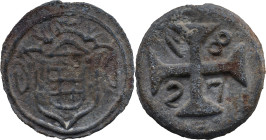 Portuguese India 
 D. Pedro IV (1826-1828) 
 20 Bazarucos 1827 Tutenaga Diu 
 A: Shield 
 R: Cross 1827 
 AG: 05.01 - 19.07g, Very Fine