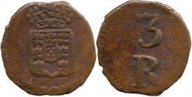 Portuguese India 
 D.Maria II (1834-1853) 
 3 Reis N/D AE Daguini Goa 
 A: shield 
 R: 3 R 
 AG: 01.01 - 1.82g, Very Fine