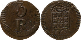 Portuguese India 
 D. Maria II (1834-1853) 
 3 Reis 1845 AE Daguini Goa 
 A: Shield / 1845 
 R: 3 R 
 AG: 02.01 - 2.16g, Good Very Fine