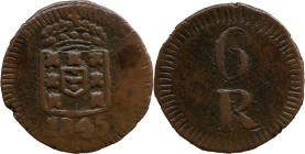 Portuguese India 
 D. Maria II (1834-1853) 
 6 Reis 1845 AE Daguini Goa 
 A: Shield / 1845 
 R: 6 R 
 AG: 06.01 -&nbsp; 3.89g, Good Very Fine