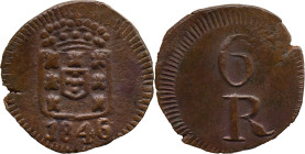Portuguese India 
 D. Maria II (1834-1853) 
 6 Reis 1846 AE Daguini Goa 
 A: Shield; / 1846 
 R: 6 R 
 AG: 06.02 - 3.53g, Good Very Fine