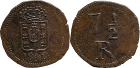 Portuguese India 
 D. Maria II (1834-1853) the 1 of 1/2 inverted 
 7 1/2 Reis 1848 AE Daguini Goa 
 A: Shield&nbsp; / 1848 
 R: 7 1/2 R 
 AG: 08.04 - ...
