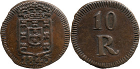 Portuguese India 
 D. Maria II (1834-1853) 
 10 Reis 1845 AE Daguini Goa 
 A: Shield / 1845 
 R: 10 R 
 AG: 09.01 - 6.62g, Extremely Fine