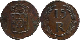 Portuguese India 
 D. Maria II (1834-1853) 
 15 Reis N/D AE Daguini Goa 
 A: Shield 
 R: 15 R 
 AG: 11.01 - 9.45g, Very Fine