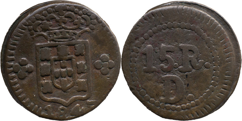 Portuguese India 
 D. Maria II (1834-1853) 
 15 Reis 1843 AE Damão 
 A: Shield&n...
