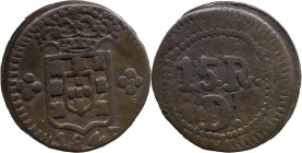 Portuguese India 
 D. Maria II (1834-1853) 
 15 Reis 1843 AE Damão 
 A: Shield&nbsp; / 1843 
 R: 15 R 
 AG: 12.01 - 8.64g, Very Fine
