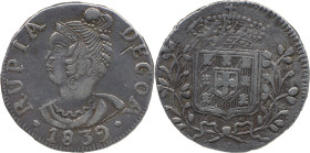 Portuguese India 
 D. Maria II (1834-1853) 
 Rupia (600 Reis) 1839 Ag Goa 
 A: RUPIA DEGOA / 1839 
 R: Shield 
 AG: 21.01 - 10.91g, Very Fine
