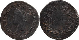 Portuguese India 
 D. Maria II (1834-1853) 
 Rupia (600 Reis) 1845 Ag Goa 
 A: MARIA.II.PORTUG:ET.ALGARB:REGINA / 1845 
 R: RUPIA 
 AG: 23.01 - 10.87g...