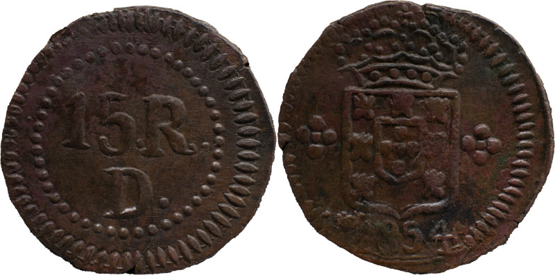 Portuguese India 
 D. Pedro V (1853-1861) 
 15 Reis (1/4 de Tanga) 1854 AE Damão...