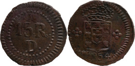 Portuguese India 
 D. Pedro V (1853-1861) 
 15 Reis (1/4 de Tanga) 1854 AE Damão 
 A:Shield / 1854 
 R: 15.R D. 
 AG: 01.01 - 10.44g, Good Very Fine