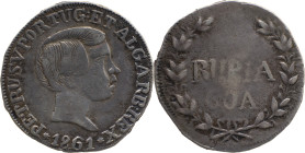 Portuguese India
D. Pedro V (1853-1861)
Rupia (600 Reis) 1861 Ag Goa
A: PETRUS V PORTUG:ETALGARB:REX / 1861
R: RUPIA / GOA
AG: 09.06 10.90g, Very Fine