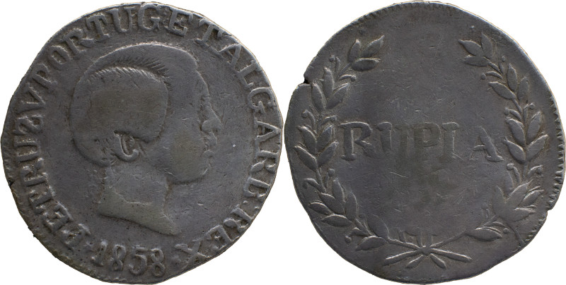 Portuguese India 
 D. Pedro V (1853-1861) inverted S of PETRUS 
 Rupia (600 Reis...