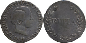 Portuguese India 
 D. Pedro V (1853-1861) inverted S of PETRUS 
 Rupia (600 Reis) 1858 Ag Goa 
 A: PETRUS V PORTUG:ETALGARB:REX / 1858 
 R: RUPIA / GO...