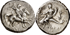 (280-272 a.C.). Italia. Taras. Didracma. (S. 378 var) (CNG. I, 883). 6,37 g. MBC+.