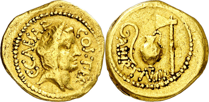 (46 a.C.). Julio César. Áureo. (Spink 1395) (Co. 2) (Craw. 466/1) (Calicó 37c). ...