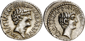 (41 a.C.). Marco Antonio y Octavio. Denario. (Spink 1504) (S. 8) (Craw. 517/2). 3,66 g. EBC-.