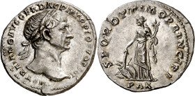 (111 d.C.). Trajano. Denario. (Spink 3142 var) (S. 197) (RIC. 231). Bella. 3,55 g. EBC.