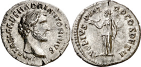 (138 d.C.). Antonino pío. Denario. (Spink falta) (S. 69) (RIC. 8). Bella. 2,91 g. EBC.