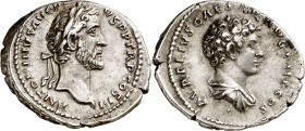 (141 d.C.). Antonino pío y Marco Aurelio. Denario. (Spink 4524 var) (S. 22a) (RIC. 417b). Punto debajo del busto de reverso. 3,34 g. EBC-.
