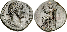 (139 d.C.). Adriano. Sestercio. (Spink 4547) (Co. 1386) (RIC. p. 471). Acuñada bajo Antonino pío. Rarísima, muy pocos ejemplares conocidos. 24,55 g. M...