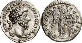 (166 d.C.). Marco Aurelio. Denario. (Spink 4933) (S. 878) (RIC. 163). Bella. 3,46 g. EBC.