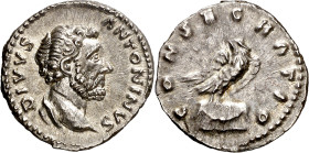 (161 d.C.). Antonino pío. Denario. (Spink 5192) (S. 155/6) (RIC. 431, de Marco Aurelio). Bella. 3,57 g. EBC+/EBC-.