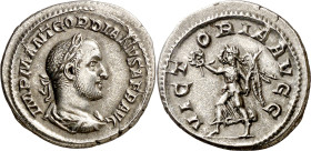 (238 d.C.). Gordiano II, Africano. Denario. (Spink 8466) (S. 12) (RIC. 2). Atractiva. Muy rara. 3,04 g. EBC-.