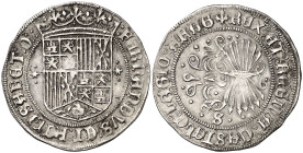 Reyes Católicos. Sevilla. 1 real. (AC. 422). Ex HSA 9546. Ex Colección Isabel de Trastámara 13/12/2018, nº 869. Rara y más así. 3,34 g. EBC-.