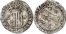 1520. Juana y Carlos. Zaragoza. 1 real. (AC. 83) (Cru.C.G. 4234a). Algo alabeada. Bonita pátina. Rara. 2,95 g. MBC.