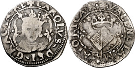 s/d. Carlos I. València. 2 rals (dobló de 3 sous). (AC. 94) (Cru.C.G. 4150 falta var). Busto del rey con barba y armiño. Rara. 4,22 g. BC/MBC-.