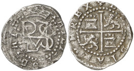 s/d. Felipe II. Lima. D. 1/2 real. (AC. 120). Muy redonda. Escasa. 1,63 g. MBC+.