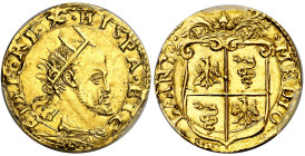 1582. Felipe II. Milán. 1 doppia. (Vti. falta) (MIR. 301/2). En cápsula de la PCGS como MS63, nº 160263.63/35499760. Muy bella. Rara y más así. 6,55 g...