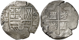 1596/5. Felipe II. Segovia. (Juan de Arfe Villafañe). 4 reales. (AC. 549). Escudo entre /acueducto, y fecha de dos dígitos y . Único año de este ensay...