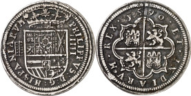 1590. Felipe II. Segovia. 4 reales. (AC. 556). Acueducto de 5 arcos y 2 pisos. Valor IIIII por error. Pátina oscura. Rara. 12,94 g. (MBC).