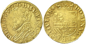 s/d. Felipe II. Dordrecht. 1/2 real de oro. (Vti. 1396) (Vanhoudt 262). Escasa. 3,45 g. MBC-.