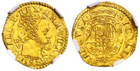 1582. Felipe II. Nápoles. GR/VP. 1 escudo. (Vti. 383) (MIR. 168/3). En cápsula de la NGC como MS63, nº 4824487-095. Muy bella. Precioso color. Brillo ...