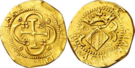 s/d. Felipe II. Valencia. 4 coronas o escudos. (AC. 775) (Cru.C.G. 4259 var). Estuvo encapsulada por la NGC como MS62, nº 5787427-001. Bella. Muy rara...
