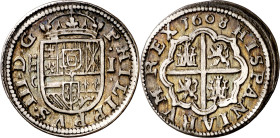 1608. Felipe III. Segovia. C. 1 real. (AC. 517). Preciosa pátina. 3,41 g. EBC.